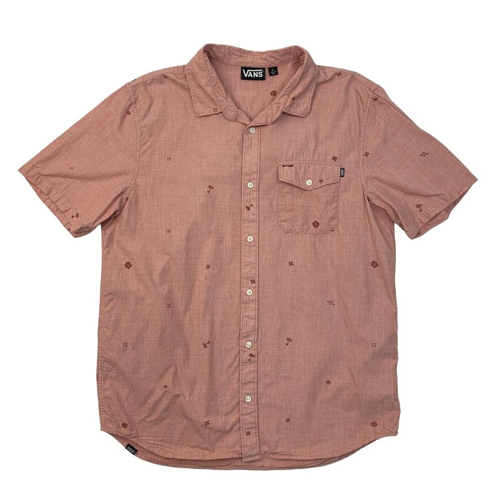 Vans Shirt Mens L Large Red Floral Palm Short Sleeve Chest Pocket Cotton